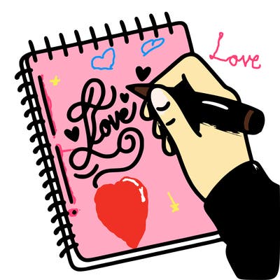 a hand writing “love” in calligraphy on a notebook