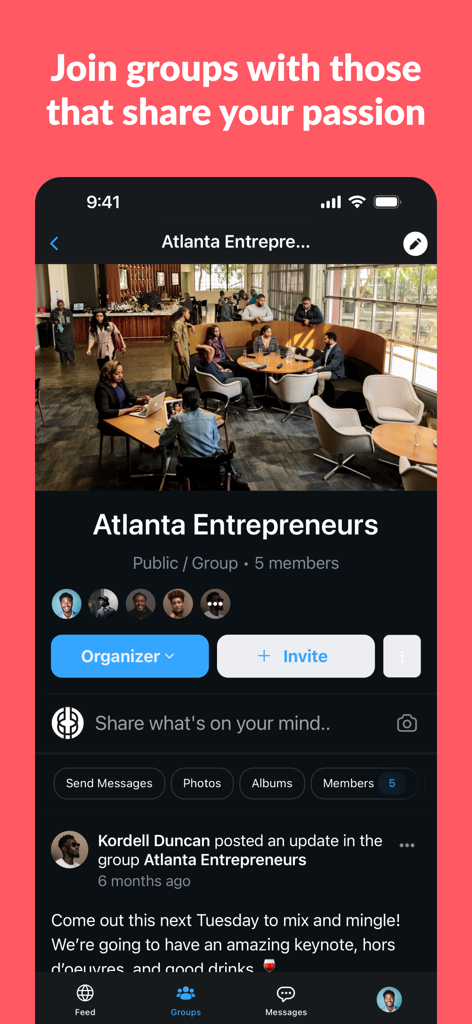 Black Knowledge - The Black Knowledge app showing a networking group for entrepreneurs in Atlanta