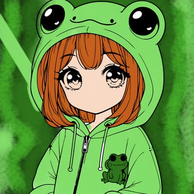 cute realistic girl in a froggy hoodie