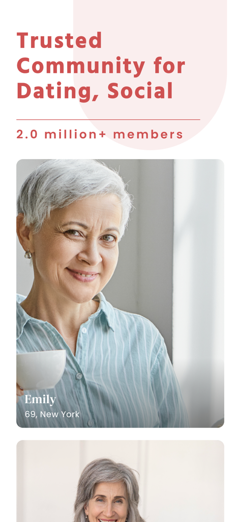 SeniorMatch® - Dating Over 50 - Pantalla de la aplicación SeniorMatch que muestra una comunidad de confianza para citas y socialización con más de 2 millones de miembros