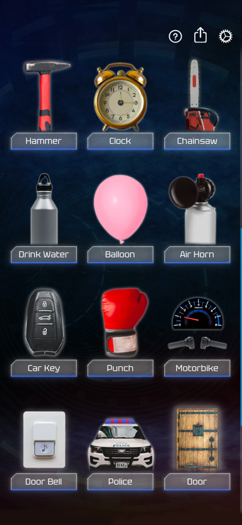 Prank Tools - A menu interface showing various prank tool icons including a chainsaw air horn and police car