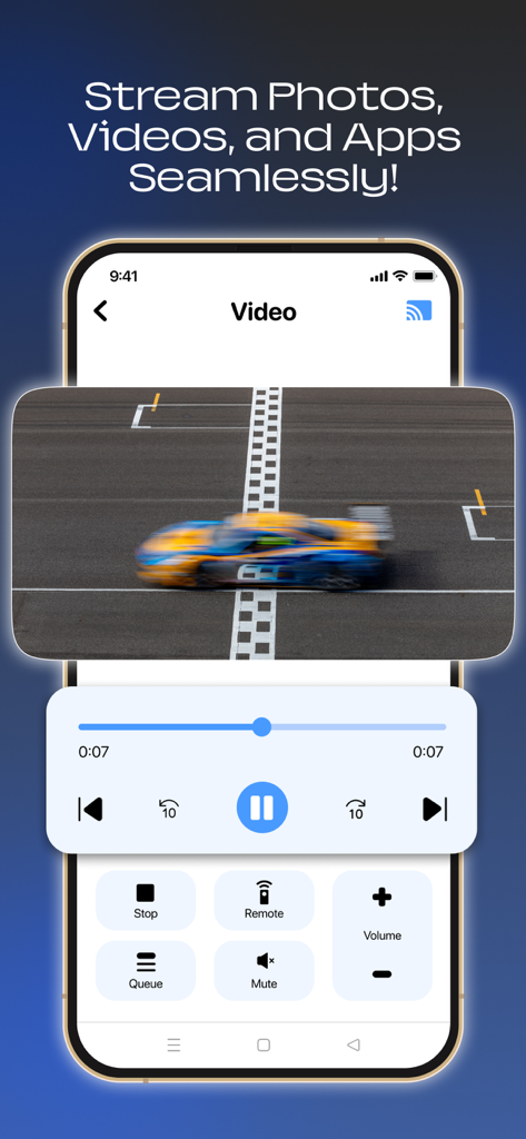 Smart View app interface showing video playback and TV casting controls on a smartphone screen