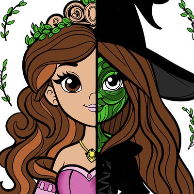 detailed realistic split of a princess and a witch