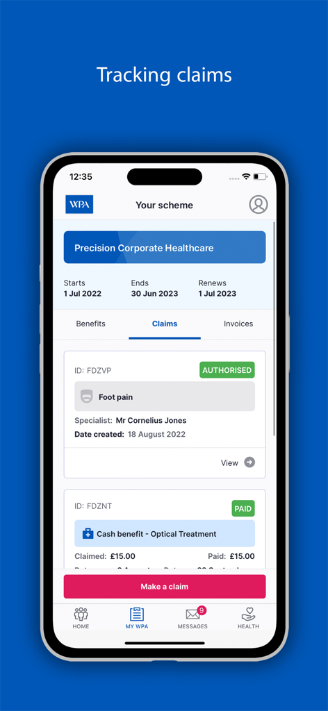 WPA Health - The WPA Health app screen displaying a list of medical insurance claims with their status and details