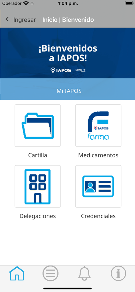Mi IAPOS - Home screen of Mi IAPOS mobile app with menu options for provider directory medications offices and digital credentials