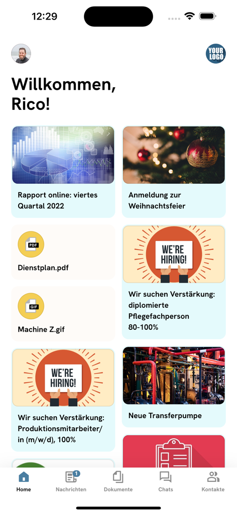 사내 뉴스, 교대 근무 일정, 직원 채용 카드가 표시된 StaffApp 모바일 대시보드 인터페이스