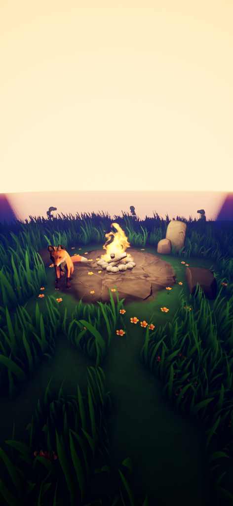 A peaceful meditation scene with a fox sitting by a campfire in a grassy field