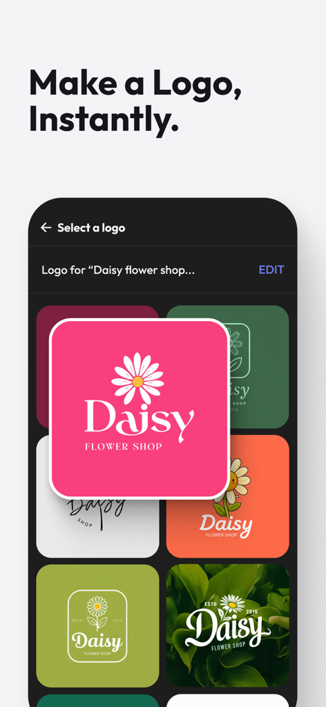 Blend: AI Models Logos Videos - AI-powered logo maker interface showing flower shop brand templates on a mobile screen