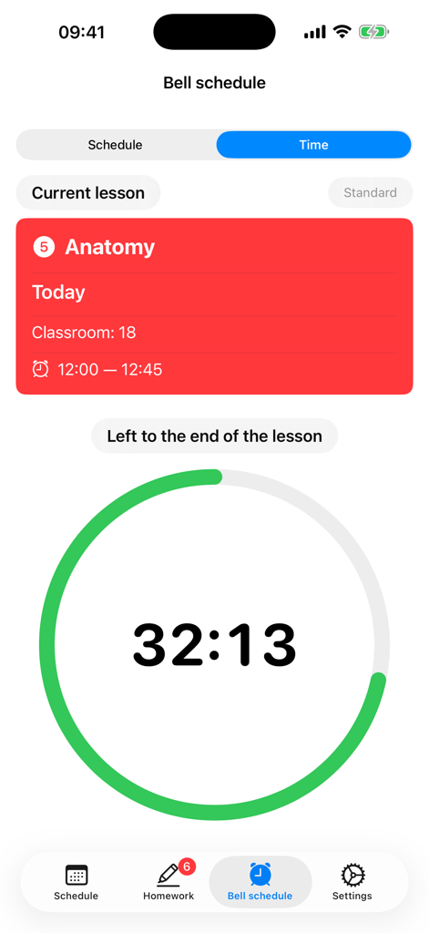 App screen showing a live countdown timer for the current Anatomy lesson.