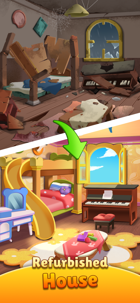 Tile Story - Match Life Puzzle - Vorher-Nachher-Vergleich eines unordentlichen Raumes, der in ein helles, renoviertes Schlafzimmer verwandelt wurde