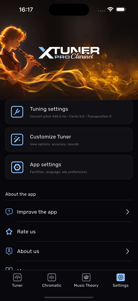 Clarinet Tuner – XTuner PRO - Settings menu of the XTuner PRO Clarinet Tuner app showing options for tuning settings and app customization