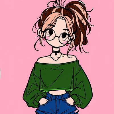 girl with a messy ponytail glasses a baggy crop top and jean shorts