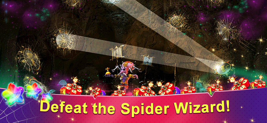 Una captura de pantalla del juego Rainbow Web 3 con el jefe Mago Araña en una cueva mágica con el texto Derrota al Mago Araña.
