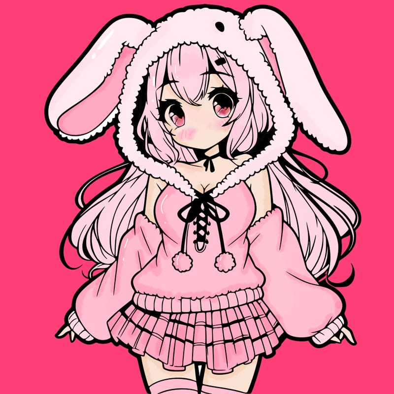 pretty anime girl wearing a fluffy hoodie with bunny ears on the hood and a skirt