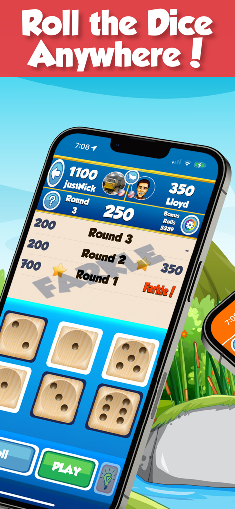 Dice World: Farkle & Yatzy - Mobile gameplay of Dice World showing a Farkle dice match between two players