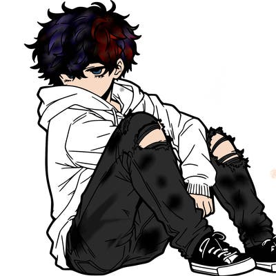 a male hoddie ripped jeans messy hair anime