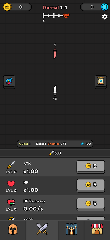 Paper War - Gameplay screenshot of Paper War showing character upgrade menu for ATK and HP stats in a minimalist idle RPG interface