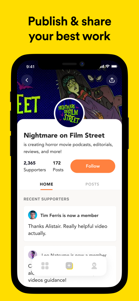 Buy Me a Coffeeアプリ。ホラーポッドキャストのクリエイタープロフィールページに、最近のサポーターとコメントのリストが表示されています。