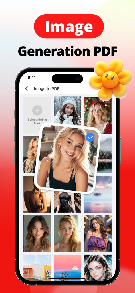 PDF Reader - Easy Editor - Smartphone screen showing the photo selection process for converting images to PDF.