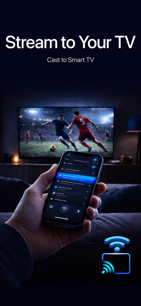 StreamX: Smart Stream Player - スマートTVにキャストするためにStreamXアプリをiPhoneで使用している人、サッカーの試合をキャスト