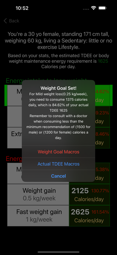 TDEE Calculator app displaying a weight goal set alert with calorie needs and macro options