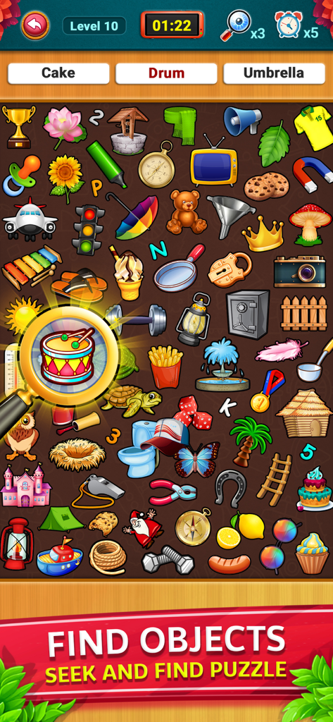 Classic Number Game -Numpuzzle - Una pantalla de puzzle de buscar y encontrar mostrando una lupa resaltando un icono de tambor entre muchos objetos coloridos