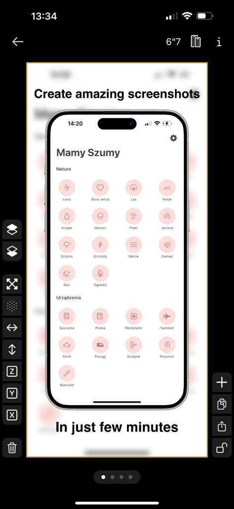Interfaz de la app App Previews mostrando un mockup profesional de iPhone con herramientas de edición para crear capturas de pantalla de la App Store