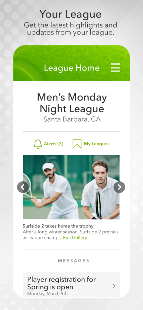 Tenniscores - Tenniscores app screen showing league highlights and spring registration for a men's tennis league
