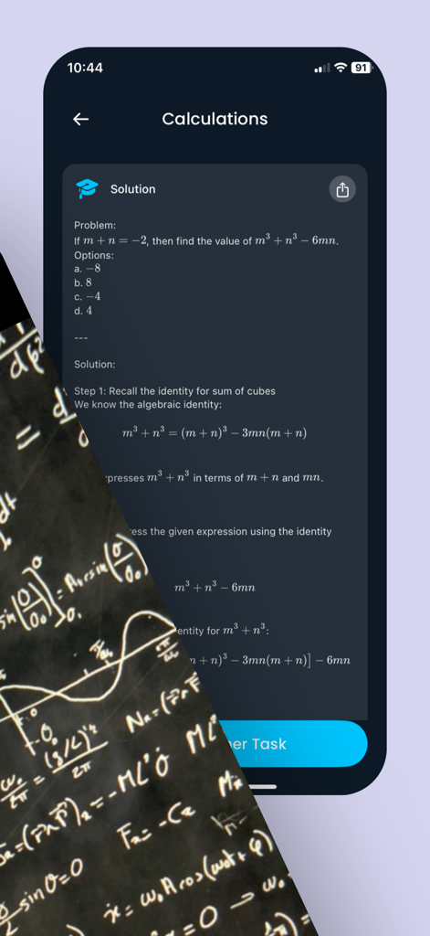 AI Math Solver Homework Helper - Screenshot of the AI Math Solver app showing a detailed step-by-step solution for an algebra problem.