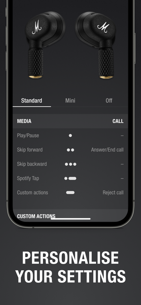 Screenshot of Marshall Bluetooth app showing touch control customization for earbuds.