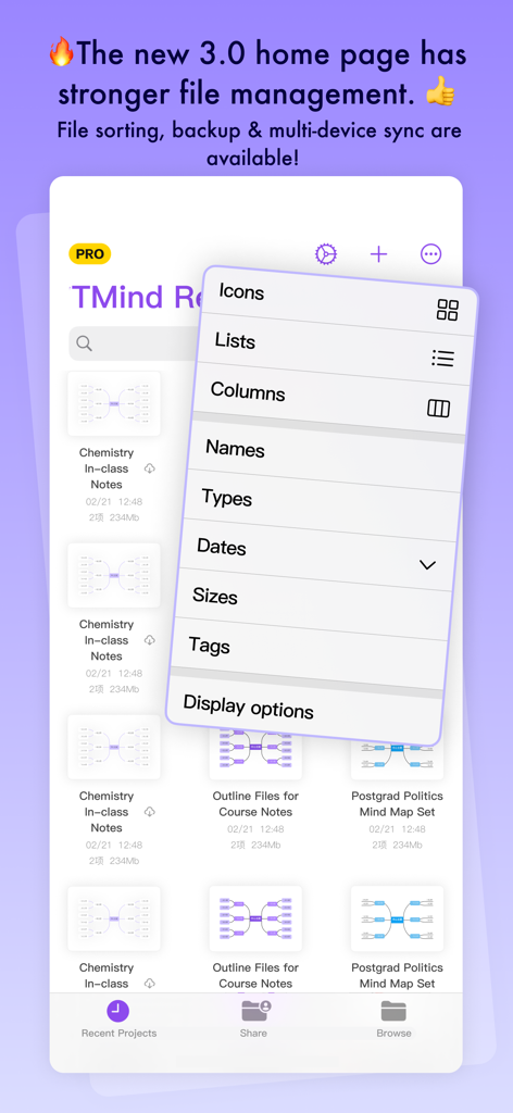 TouchMind app home screen showing file management and sorting options for mind map projects