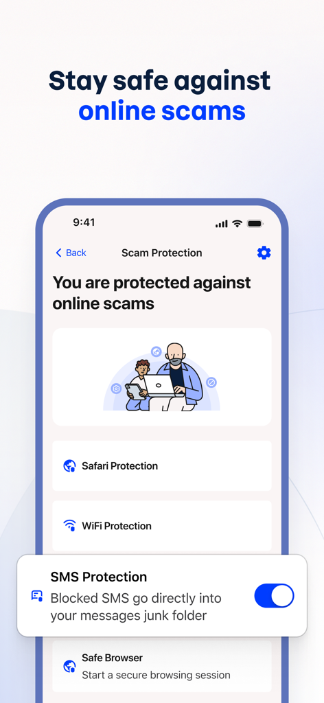 Tela do aplicativo móvel F-Secure mostrando proteção contra golpes e recursos de bloqueio de SMS