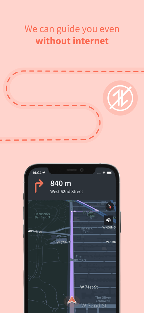 Mobile phone screen showing Karta GPS offline navigation with driving directions on a dark mode map