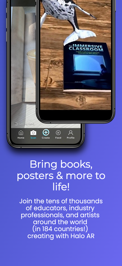 Pantalla de teléfono inteligente mostrando una experiencia de realidad aumentada de una ballena 3D sobre un libro físico titulado The Immersive Classroom
