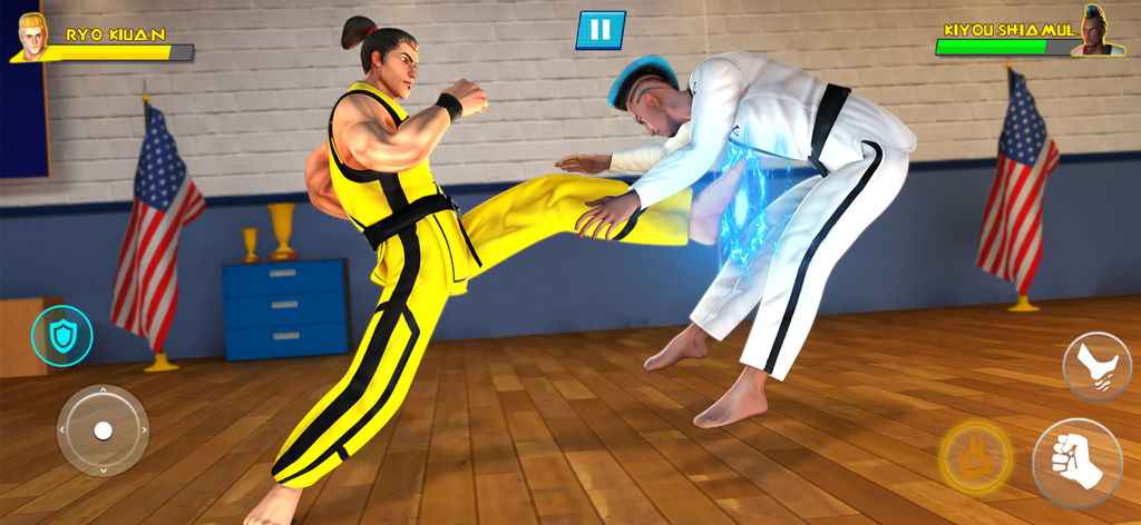 Kung Fu Karate: Fighting Games - Una escena de combate de artes marciales en 3D con una patada de karate en un dojo estadounidense