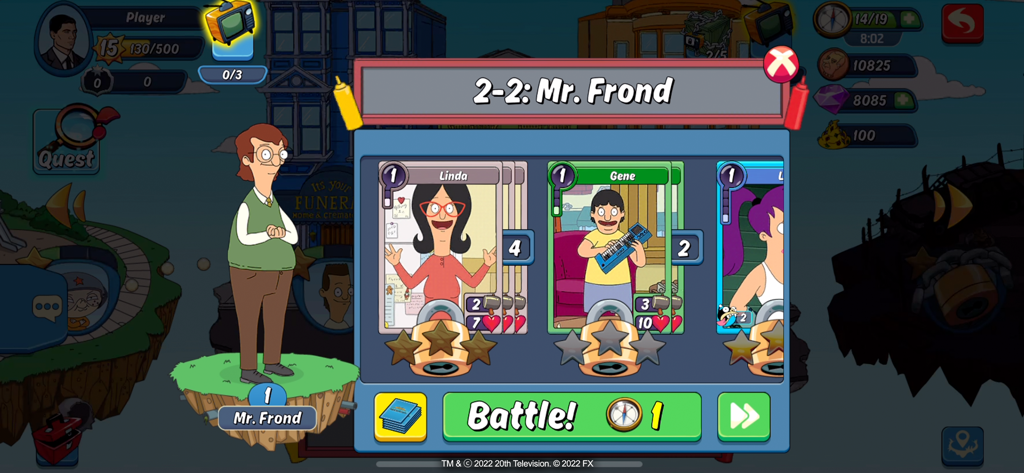 Animation Throwdown: CCG - Animation Throwdown CCG Kampfbildschirm mit Mr. Frond und Charakterkarten aus Bob's Burgers und Futurama.