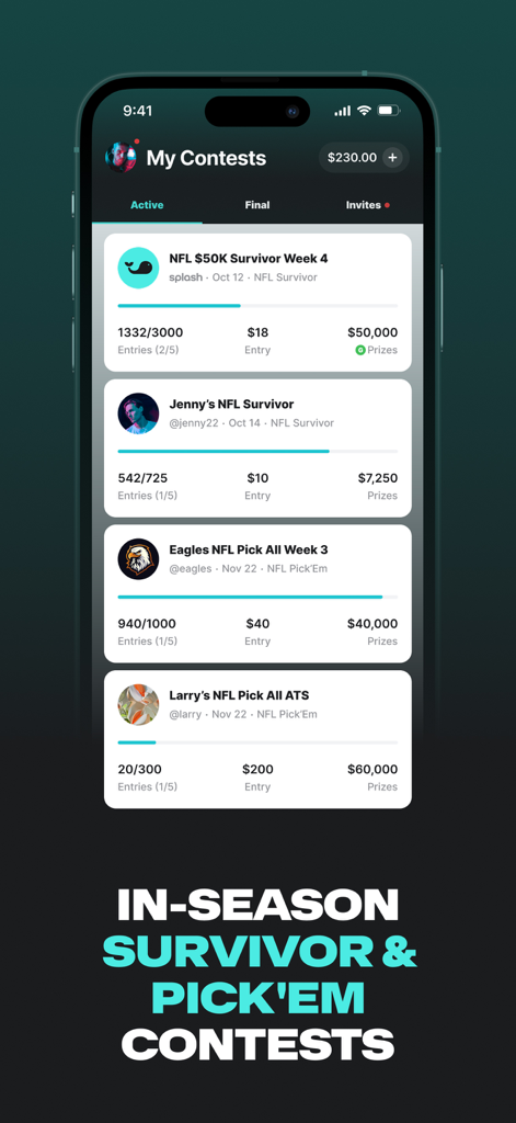 Splash Sports | Survivor & DFS - Splash Sports app displaying active NFL survivor and pickem contests with entry fees and prize amounts