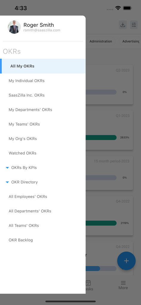 Barra lateral de navegación de la aplicación móvil Profit.co que muestra categorías de OKR como Mis OKR Individuales y OKR de Equipo.