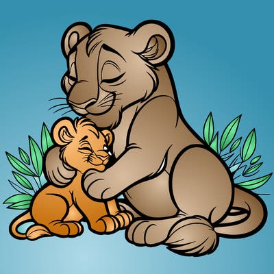 lioness cuddling her cub