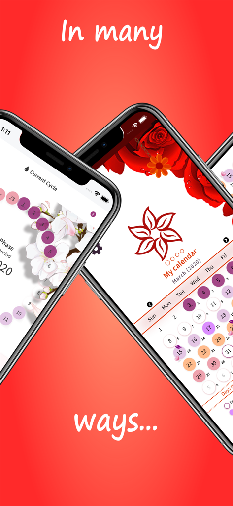 Calendário do Ciclo Menstrual - Two iPhones showing different floral themes and calendar interfaces for tracking periods