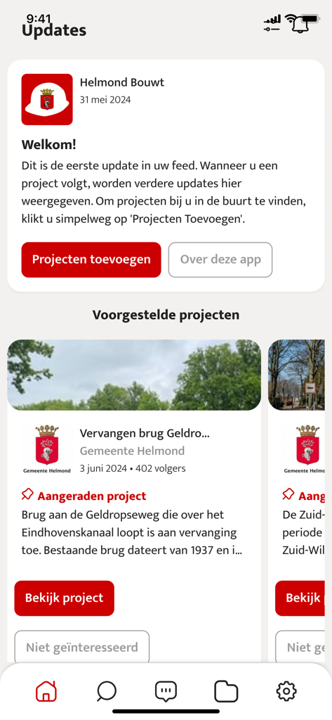 Helmond Bouwt - Helmond Bouwt Mobile App-Oberfläche mit Updates zu Bauprojekten und vorgeschlagenen lokalen Projekten
