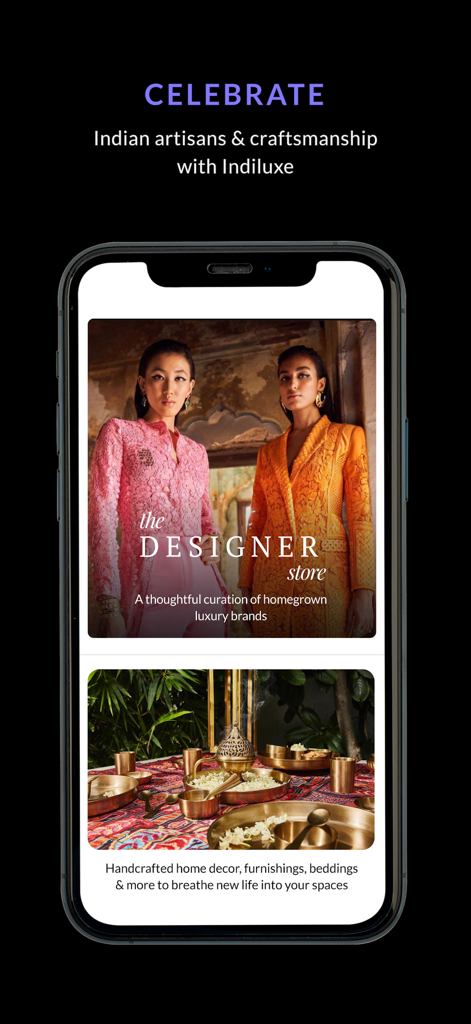 Tata CLiQ Luxury app interface showcasing Indian designer fashion and handcrafted home decor
