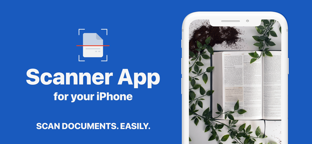 PDF Scanner App for iPhone interface showing a mobile document scan of an open book