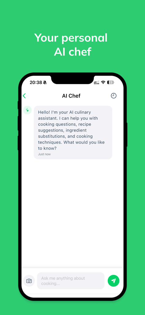 Recipe me & Ai food scanner - Una interfaz móvil de la aplicación Cookly AI que muestra una pantalla de chat con un chef de IA personal que ofrece asistencia culinaria