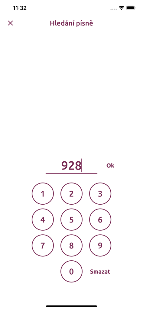 The song search interface of the Kancional app with a numeric keypad