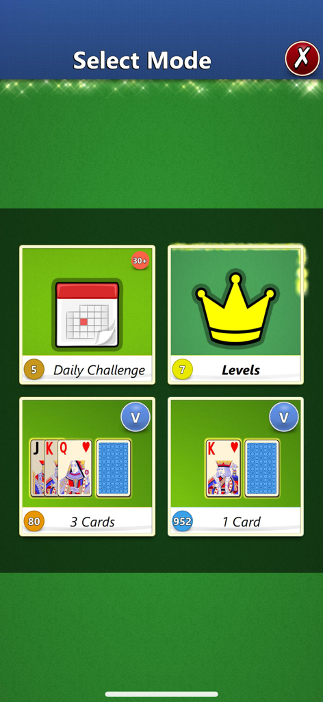 Solitaire Mobile - Solitaire Mobile game mode selection screen featuring Daily Challenge, Levels, 3 Cards, and 1 Card options.