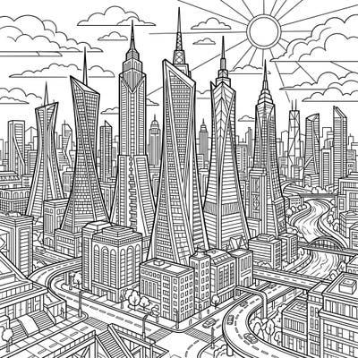 Dive into an exciting urban landscape featuring an impressive collection of dynamic, tapered skyscrapers. This intricate coloring page provides a sophisticated and engaging artistic challenge specifically designed for teens.