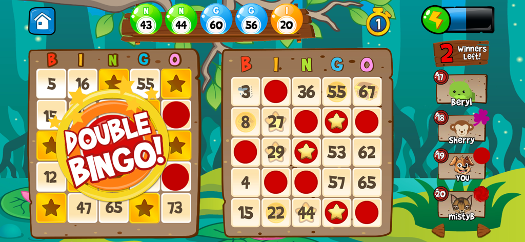 Gameplay of Abradoodle Bingo showing a Double Bingo win on two cards with cute animal avatars