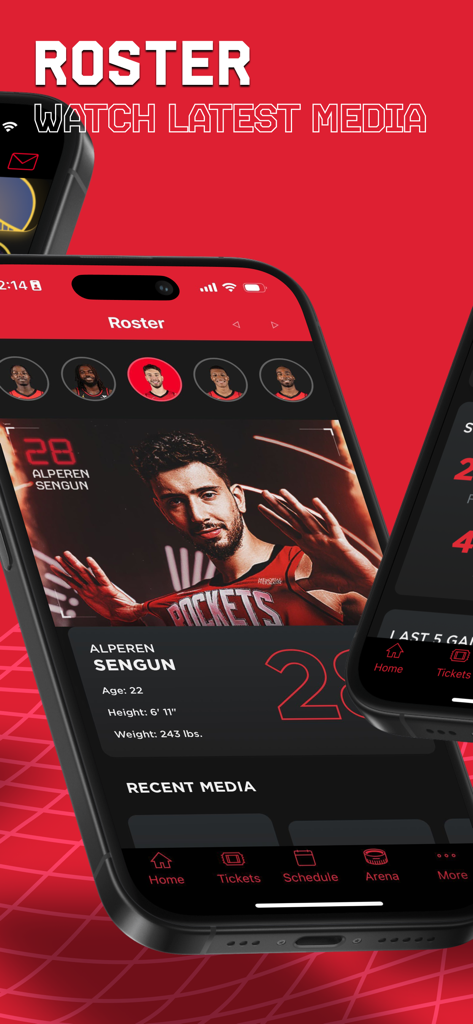 Houston Rockets - Pantalla del roster de la app oficial de los Houston Rockets con el jugador Alperen Sengun, estadísticas físicas y fotos.