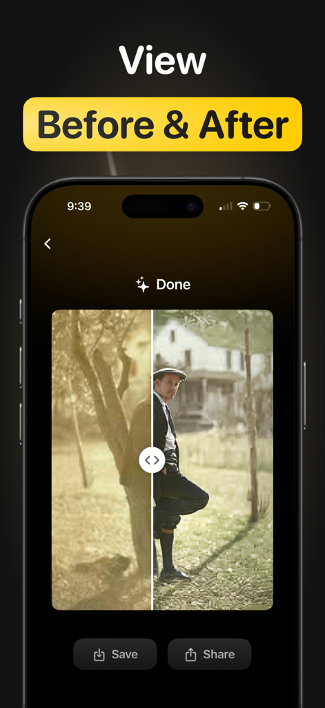 AI Restore Photo - Unblur - A comparison screen showing a vintage photo before and after AI restoration and colorization.